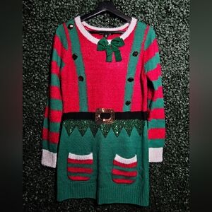 Festive Red and Green Dress With Jingle Bells And Suede Bow